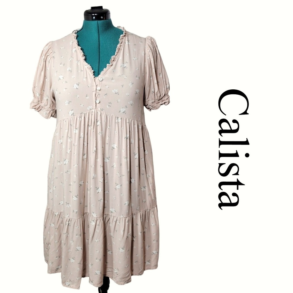 Calista‎ Floral Babydoll Mini Dress Pink Short Puff Sleeve Ruffle V-Neck M